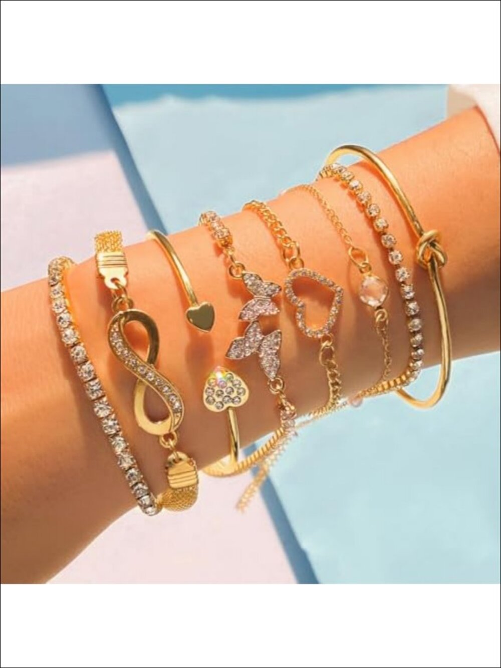Stackable Bracelet Set Layered Chain Open Cuff Bangles Rhinestone Charm Women - Picture 2 of 6
